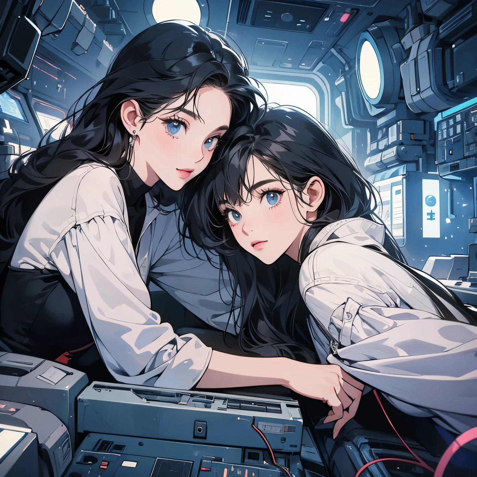 (((beautiful "Two women" leaning against each other))), inside a spaceship, perfect machine, perfect face, zero gravity, outer space, lots of wires, switchboard, perfect and detailed machine, detailed hair, (((Various angles))), most beautiful woman, (((head shot))) , Super detailed background, top quality,Various unique hairstyles, Ghost in the Shell, gradient eyes, Outer space in the background, Unique and perfect face, Pale Lighting,(((lying)),