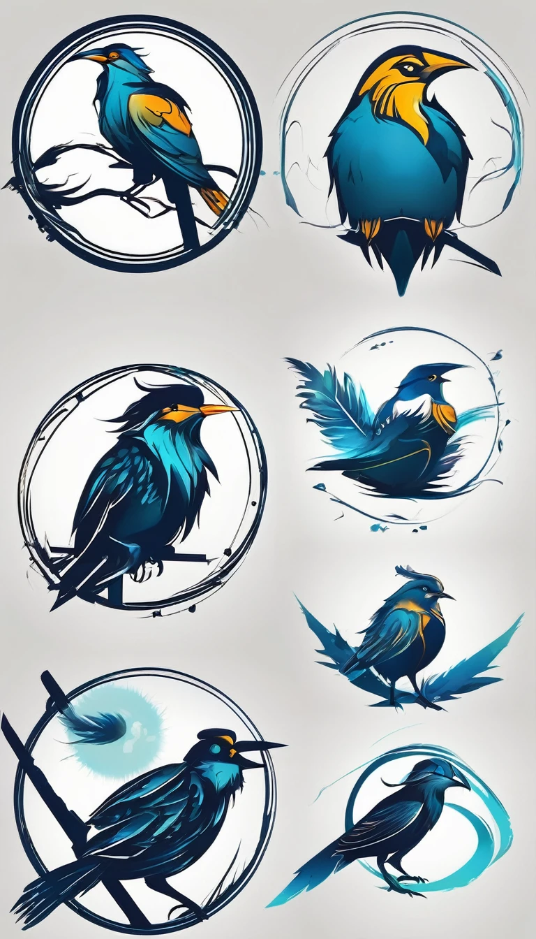 Create a minimalistic, simple, fantastic, easy to understand, logo design for an upcoming Role Playing Game called " Penamemoria". The game is about a world of bird and feathers. A boy enters that world and discovers his true artistic identity. Create a logo design that transmits the essence of this videogame. It´s a fantasy game, with fantasy elements. Create the logo in the center and a fantasy theme as background. Use the colours blue, white, yellow in the logo.