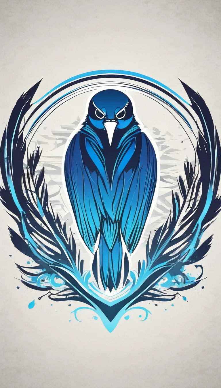 Create a minimalistic, simple, fantastic, easy to understand, logo design for an upcoming Role Playing Game called " Penamemoria". The game is about a world of bird and feathers. A boy enters that world and discovers his true artistic identity. Create a logo design that transmits the essence of this videogame. It´s a fantasy game, with fantasy elements. Create the logo in the center and a fantasy theme as background. Use the colours blue, white, yellow in the logo.