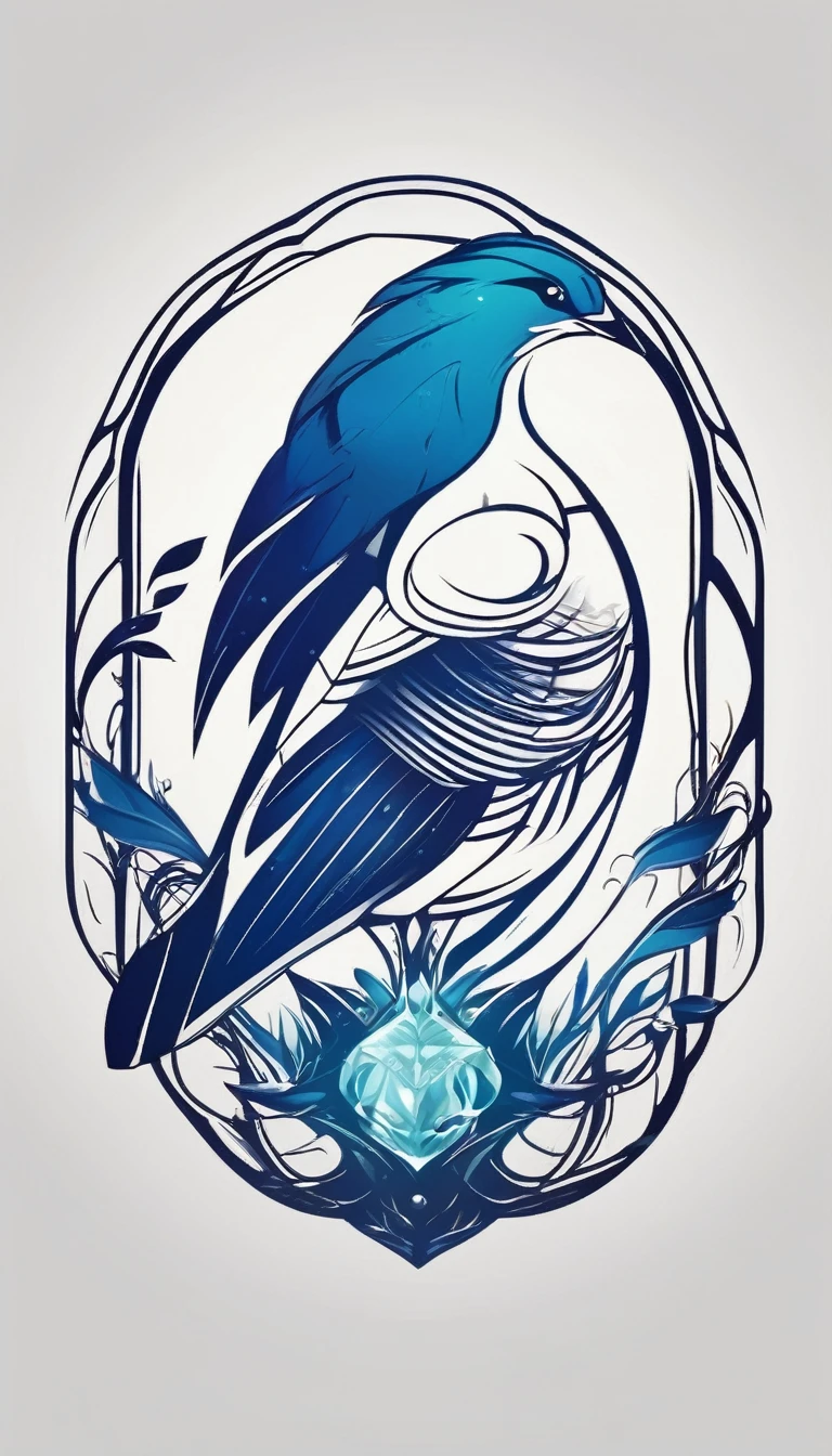 Create a minimalistic, simple, fantastic, easy to understand, logo design for an upcoming Role Playing Game called " Penamemoria". The game is about a world of bird and feathers. A boy enters that world and discovers his true artistic identity. Create a logo design that transmits the essence of this videogame. It´s a fantasy game, with fantasy elements. Create the logo in the center and a fantasy theme as background. Use the colours blue, white, yellow in the logo.