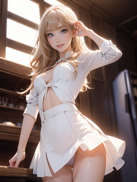 One Woman、masterpiece、((Extremely realistic、Extremely realistic))((Extreme photo quality、Extremely high image quality、Increase saturation and contrast))((Bright smile、smile))、((Beautiful Hair、Light Hair Color、Super Long Straight、Moisturized hair))(Droopy eyeoist eyes、stare)(((27 year old girl、Small face、Super Baby Face、Idol Makeup、Surreal texture)))((Dark luxury cafe、Detailed Background))、((White shirt with open chest、Exposed breasts、Business Tight Skirt、Extremely short length、panties))Round shaped chest、Super big breasts、Round Breasts、Small waist、Waistline、Long legs、Beautiful back、Spotlight、Movie Lighting(((Shot from below)))