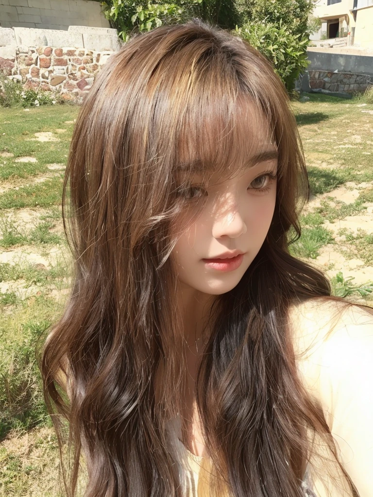 Honey Tea Flax Big Wave，Long curly hair，Natural and beautiful hair，The background is simple and clean