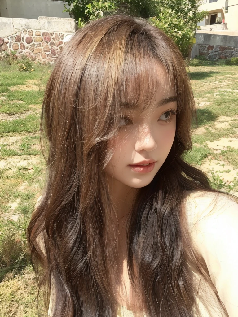 Honey Tea Flax Big Wave,Long curly hair,Natural and beautiful hair,The background is simple and clean