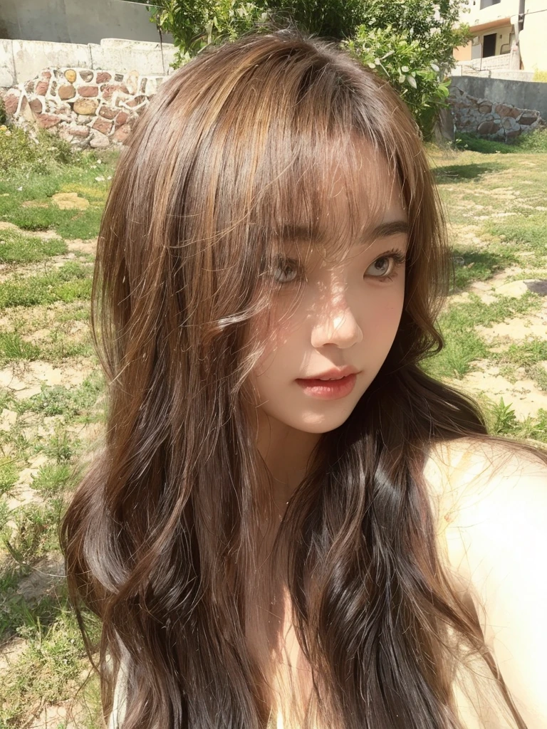 Honey Tea Flax Big Wave,Long curly hair,Natural and beautiful hair,The background is simple and clean