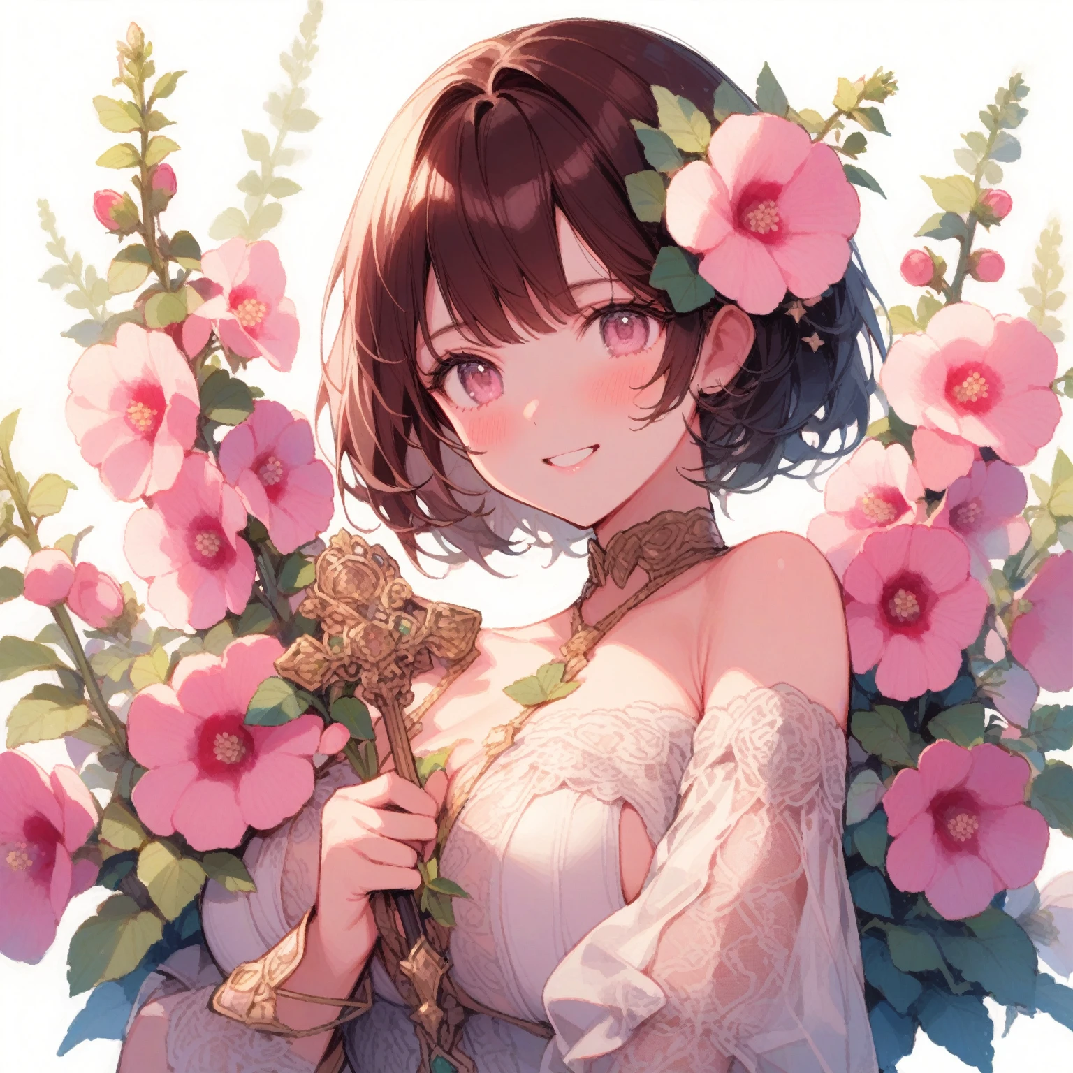 1girl、Althaea rosea、「ambition」「ambition」「Abundant fruiting」「Noble and dignified beauty」、Hollyhock、Greedy Smile、ambition的な表情で宝石で彩られた十字架を手に持つ、Big Breasts、Big Tits、tegaki