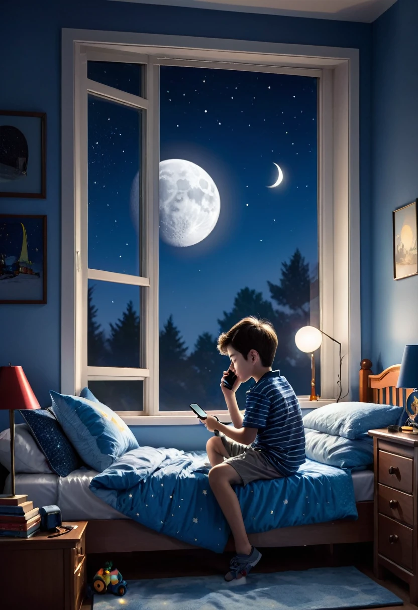 A boy sitting on the bed in his bedroom is playing on the phone while the moon is visible from the window nearby.