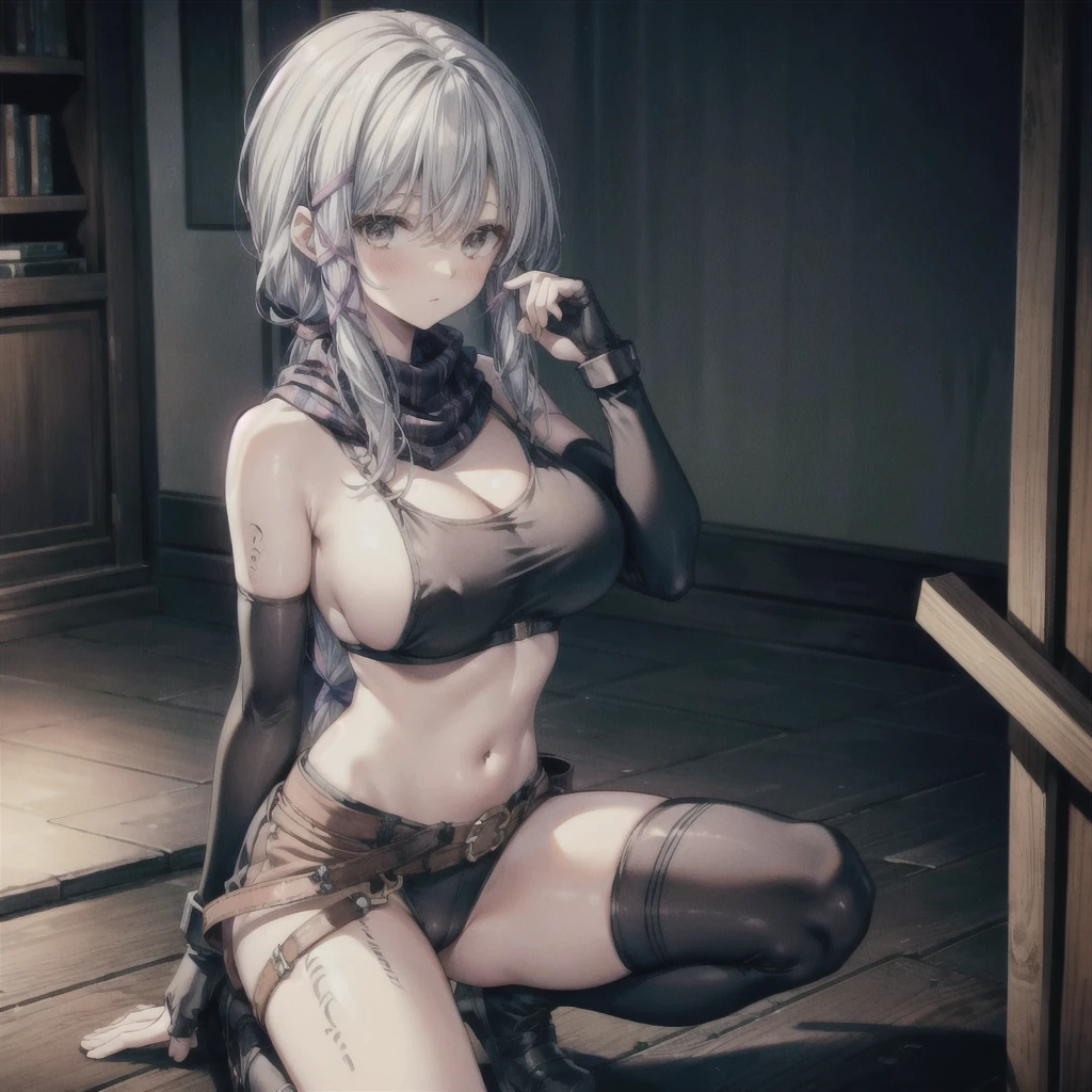 (masterpiece, highest quality, Perfect Anatomy, Fabric Shading, gleaming skin, Glowing Skin, Detailed skin),BREAK,
(clair lasbard),
(long ponytail, hair ribbon, striped scarf, black sports bra, belt, black micro bikini, fingerless gloves, thigh boots),
Full Body, on one knee, erotic pose, sensational look, BREAK,
huge breasts, wide open cleavage, underboob), BREAK,
Portrait, dutch angle, BREAK,
fantasy, Late Night, Dark, BREAK
