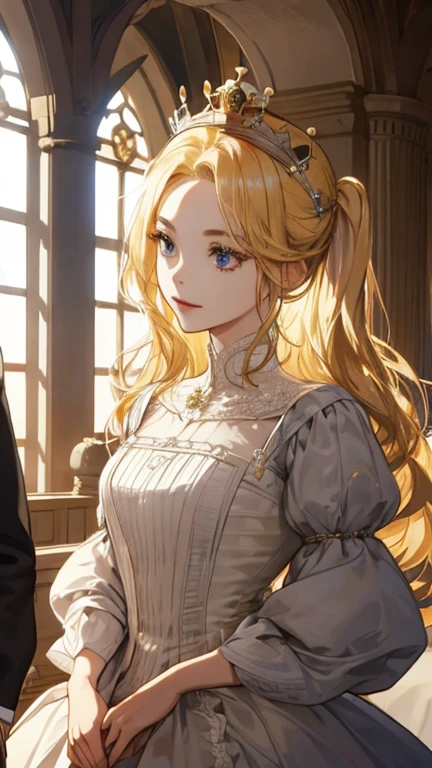 (high quality, sharp focus) 1girl, 2 boy, different hair color, blonde hair girl, royal era, beautiful dress, castle things, crown, cinematic graphic