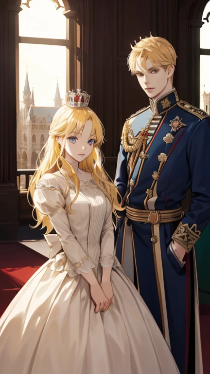 (high quality, sharp focus) 1girl, 2 boy, different hair color, blonde hair girl, royal era, beautiful dress, castle things, crown, cinematic graphic
