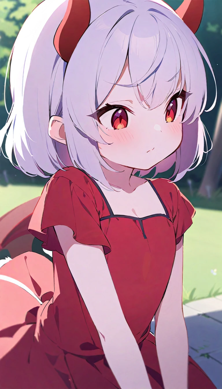 Teenage girl, devil girl, small red horns, white hair, short fluffy hair, big red eyes, pale skin, blushing cheeks, in a , red dress, in the park