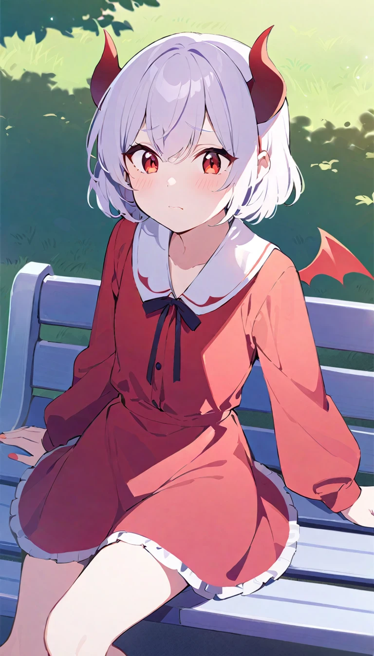 Teenage girl, devil girl, small red horns, white hair, short fluffy hair, big red eyes, pale skin, blushing cheeks, in a , red dress, in the park