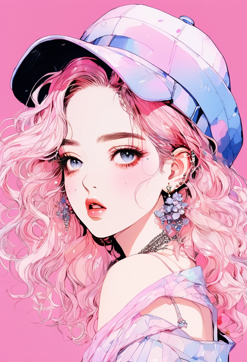 (Highest quality:0.8), (Highest quality:0.8), Perfect illustration,Beautiful woman portrait、One girl, bangs, Black nails, Blonde, Mouth closed, clavicle, ear Earrings, Earrings, Fashion G, hair ornaments, Food, Foodie, Jacket, jewelry, looking at iniewer, Medium Hair, Manicure, necklace, Earrings, short hair, hydrangea in the background、Hydrangea on background, sleeines past wrists, 一人in, Both sides up, Upper Body, in, Pop Background、Droopy eyes、Celebrity Hat Pink Gradient Hair Color、rainy season、summer、