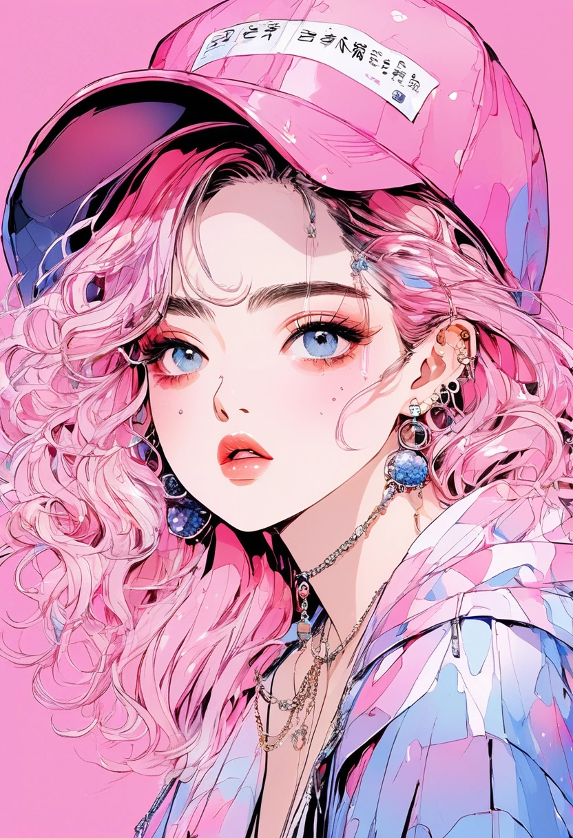 (Highest quality:0.8), (Highest quality:0.8), Perfect illustration,Beautiful woman portrait、One girl, bangs, Black nails, Blonde, Mouth closed, clavicle, ear Earrings, Earrings, Fashion G, hair ornaments, Food, Foodie, Jacket, jewelry, looking at iniewer, Medium Hair, Manicure, necklace, Earrings, short hair, hydrangea in the background、Hydrangea on background, sleeines past wrists, 一人in, Both sides up, Upper Body, in, Pop Background、Droopy eyes、Celebrity Hat Pink Gradient Hair Color、rainy season、summer、