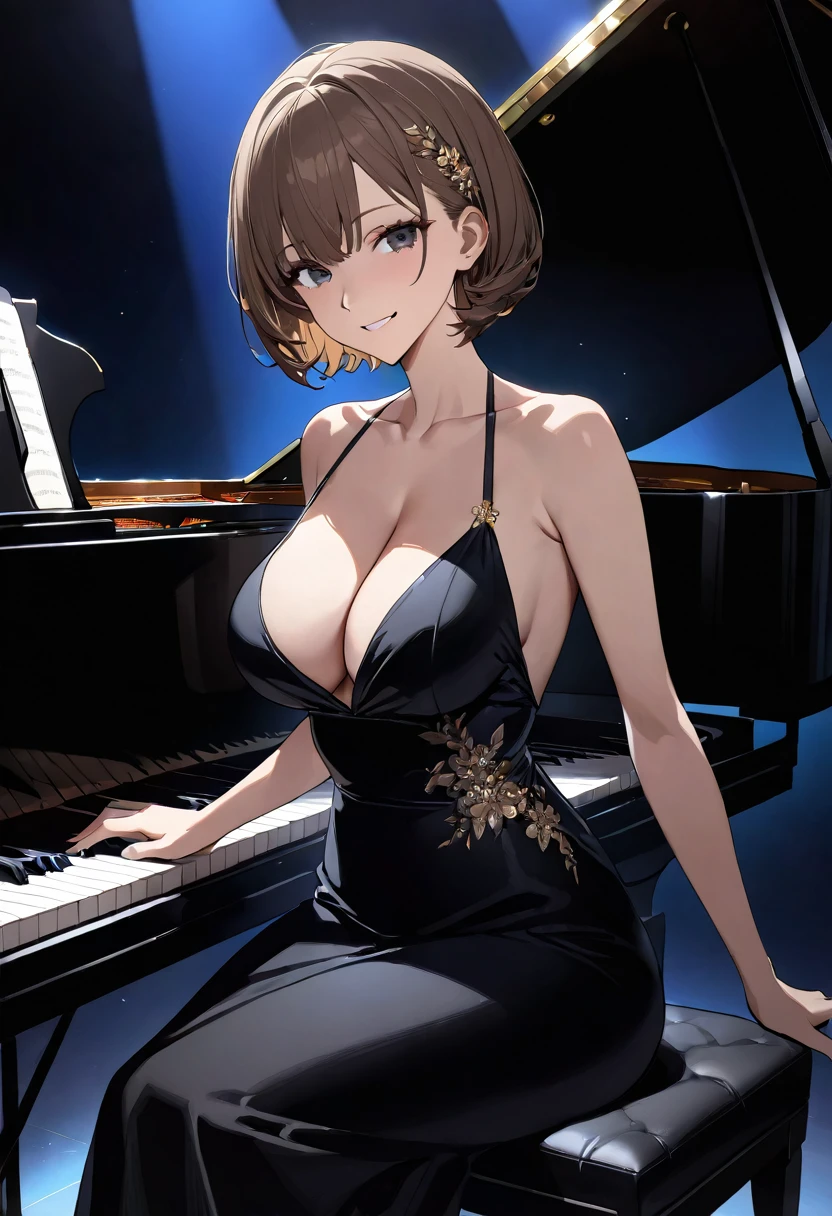 (masterpiece, Highest quality, High resolution, Super detailed, Highest quality), Detailed body, Detailed face, Sitting on a black chair, Playing the piano, Blake Women, Detailed Eyes, Smile, Tight waist, A dress that shows cleavage, Brown short hair, Black Eyes, Blake Jazz Pianist, Black maxi dress, Grand piano, (Piano performance:1.2), Dark blue lighting, Dark Stage