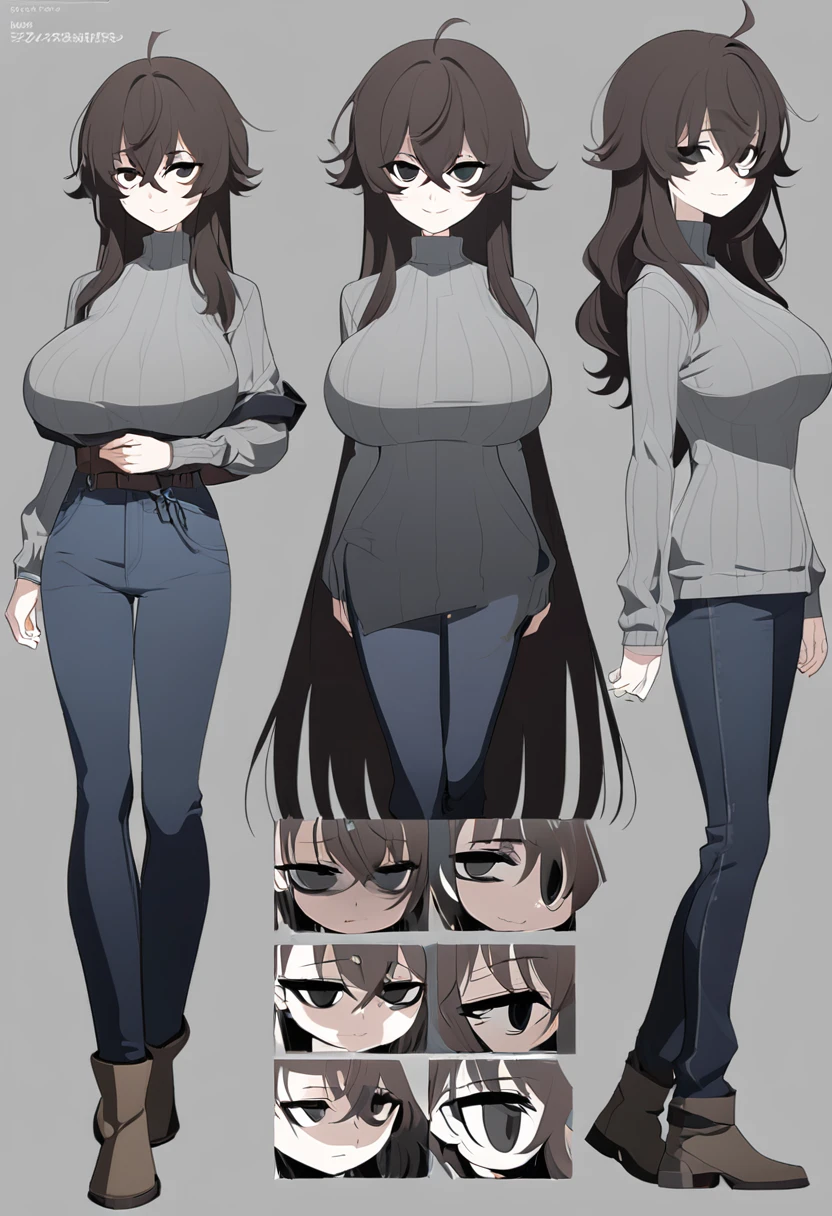 One Woman,Downer,older sister,Concept Art,Dark brown hair,Straight hair with slight inward curls,Staring eyes,Circles in the eyes,black eye,Crossed bangs,whole body,smile,Larger breasts,Gray background,Bangs that reach down to the eyes,Messy hair,Tight dark jeans,Gray turtleneck sweater,Multiple views of the same character,Character Design,Dark circles under the eyes,Bad look,Listless,Sloppy,Silver Jewelry,Cafe staff,whole bodyCharacter Design,Detailed hands,Height: 170cm,boots,