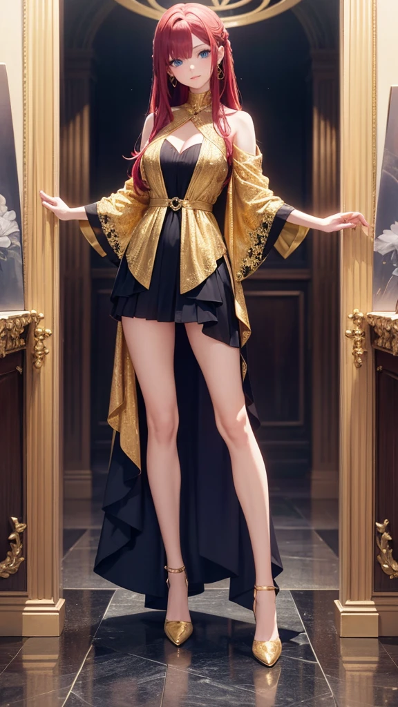 "An anime girl with blue eyes and long red hair. The artwork must be of the best quality, high resolution, and vibrant colors. Must be full body style, with soft lighting illuminating the scene, front viewer eyes, dress detailed with gold, high heels detailed with gold"