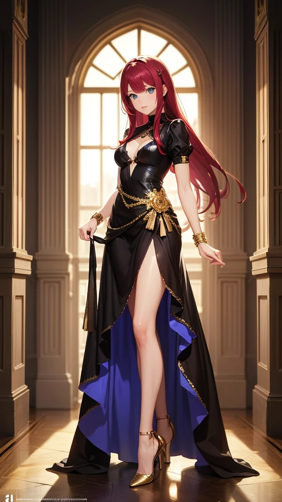 "An anime girl with blue eyes and long red hair. The artwork must be of the best quality, high resolution, and vibrant colors. Must be full body style, with soft lighting illuminating the scene, front viewer eyes, dress detailed with gold, high heels detailed with gold"