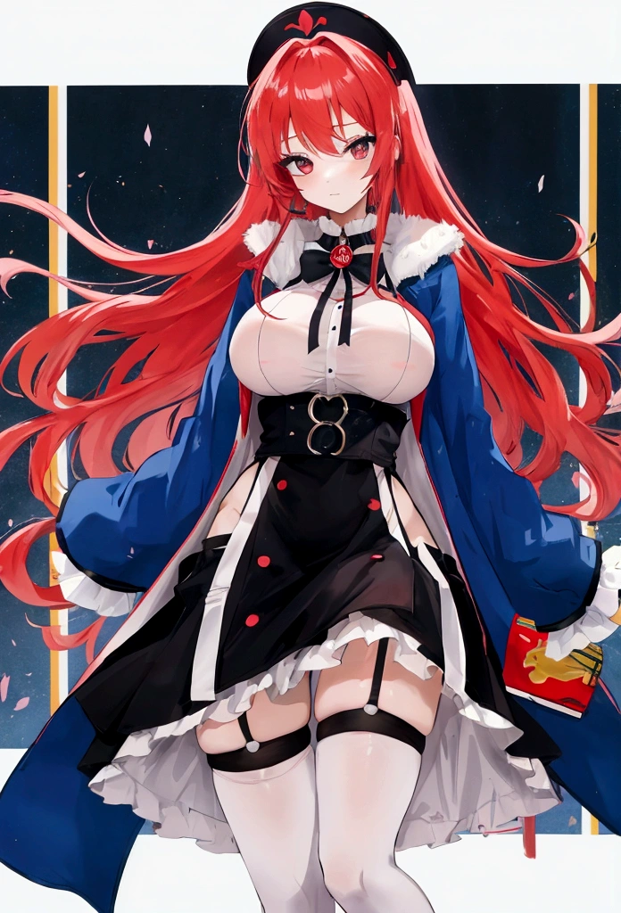 My name is Hikaru, I am a white test doll with long red hair and black eyes. I am 1.60 cm tall and weigh 56 kg. My breast sizes are 300 cm, my waist is 60 cm and my hips are 200 cm. Dressed in a long blue jacket and a garter belt along with a black thong. With big breasts 310 cm . 