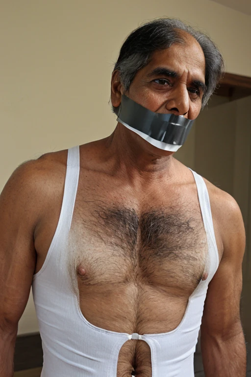 Old indian men,tape gag ,hairy chest, white men singlet