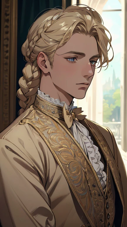 masterpiece, best quality, Practical, (absurd, High resolution, Super detailed), victorian era, Europe in the 18th century,Male aristocracy,light blonde color,braid, Delicate and meticulous, 8K, Reality, Dramatic Lighting, high quality, Complex design, classical portrait, enlarged texture, Exquisite details