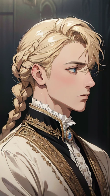 masterpiece, best quality, Practical, (absurd, High resolution, Super detailed), victorian era, Europe in the 18th century,Male aristocracy,light blonde color,braid, Delicate and meticulous, 8K, Reality, Dramatic Lighting, high quality, Complex design, classical portrait, enlarged texture, Exquisite details