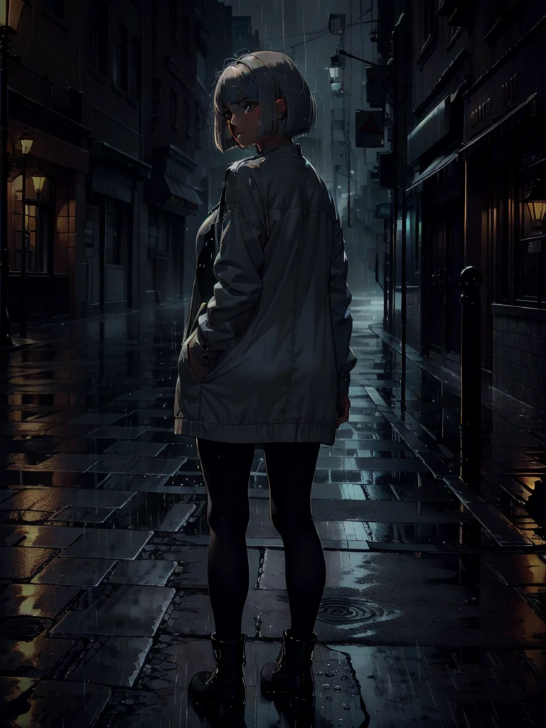 ((masterpiece)), ((best quality)), (ultra-detailed), ((extremely detailed)), 4K, (8K), best quality, a beautiful woman, ((beautiful light gray hair)), shiny hair, ((bob cut)), light blue eyes, freckled skin, 20 years old,
Back view, full body, ((night, warm street, dark)), deserted city, standing in middle of street, ((black rencoat, rain, heavy rain, raindrops visible)), wet ground, hands in pockets