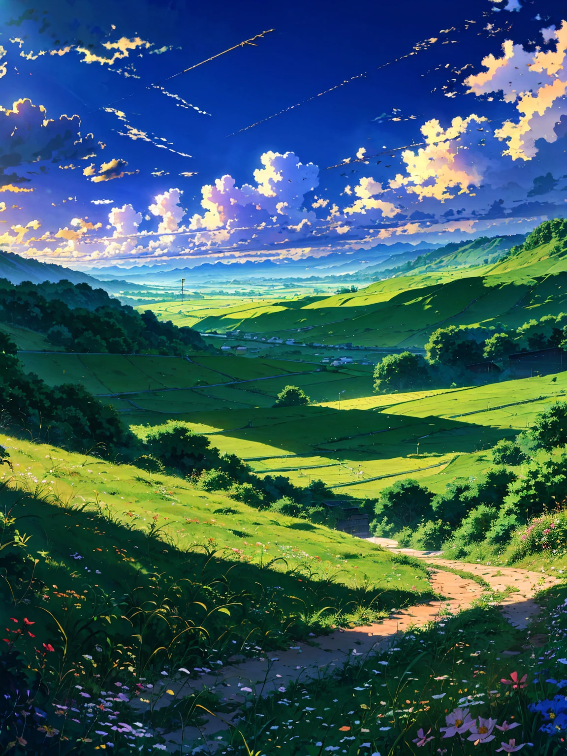 Children flying kites in the evening, Detailed Clouds, Field, Grazing cows, Flowers, A house far away, fence