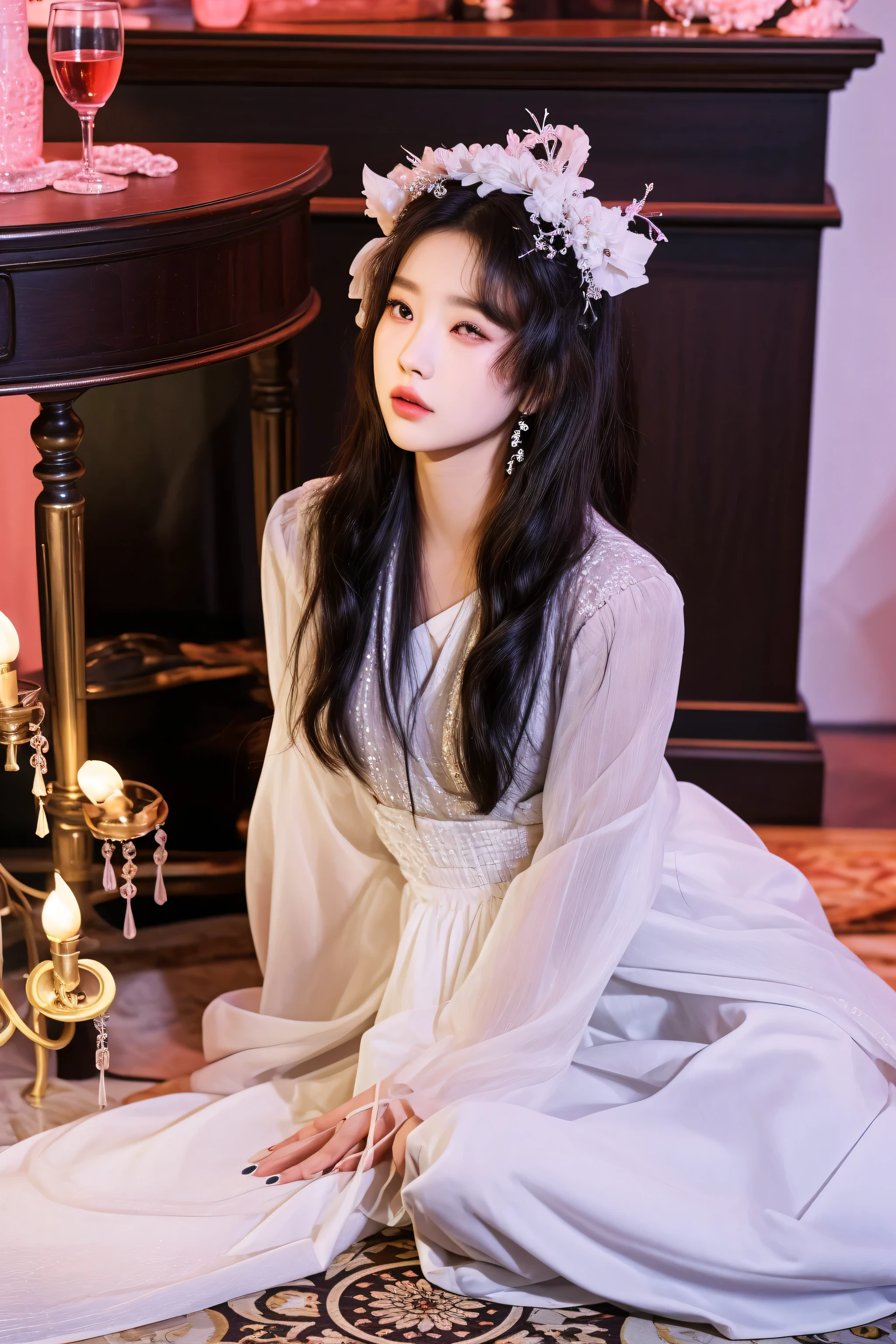 araffe woman in a white dress sitting on the floor with a candle, bae suzy, iu lee ji-eun as a super villain, iu, ji-min, high res, dreamy atmosphere and drama, rococo queen, sha xi, heonhwa choe, song hye - kyo, fanart, daoshi, tzuyu from twice, hanbok