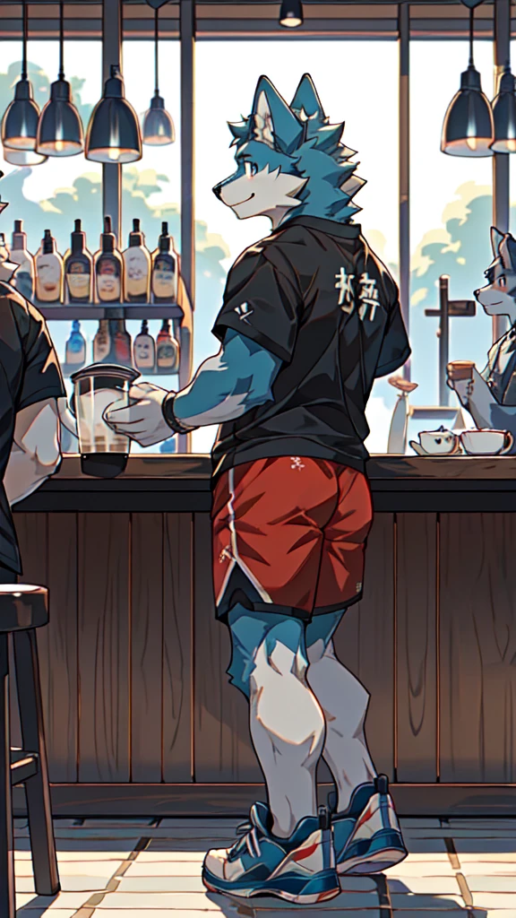 Hyena Boy，Gray fur，Topless, mammal, hairy，Gray Eyes，bar，goggles，moon tattoo，Cover your crotch with your hands，Bartender，Star decoration，Transparent swimming trunks quality