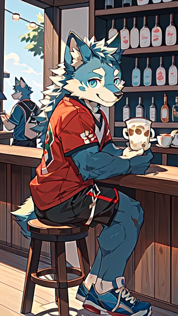 Sunlight,high resolution,4K,gay,(((whole body:1.1,Facing away from the camera:1.5))),masterpiece,high quality,Brave and bold,((Wolf)),male,(((Milk tea shop,Sit at the bar:1.4))),WolfFurry,(juvenile),hairy,((Lovely,Smiling face,Long hair)),((peaceful,Gentle)),(((Well-proportioned body,Small ears,Well-proportioned limbs,Wolf尾巴:1.2,Meat pad))),(((Green ears:1.5,Dark blue head,Dark blue back,Dark blue limbs,Brown chest,brown abdomen,Blue pupils,粉色Meat pad))),(((Grey short sleeves,Red and black sports shorts,Blue sneakers:1.3))),Delicate face,Exquisite eyes,Detailed body,Detailed hands,Detailed feet