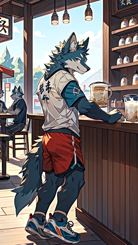 Sunlight，high resolution，4K，gay，(((whole body:1.1，Facing away from the camera:1.5)))，masterpiece，high quality，Brave and bold，((Wolf))，male，(((Milk tea shop，Sit at the bar:1.4)))，WolfFurry，(juvenile)，hairy，((Lovely，Smiling face，Long hair))，((peaceful，Gentle))，(((Well-proportioned body，Small ears，Well-proportioned limbs，Wolf尾巴:1.2，Meat pad)))，(((Green ears:1.5，Dark blue head，Dark blue back，Dark blue limbs，Brown chest，brown abdomen，Blue pupils，粉色Meat pad)))，(((Grey short sleeves，Red and black sports shorts，Blue sneakers:1.3)))，Delicate face，Exquisite eyes，Detailed body，Detailed hands，Detailed feet