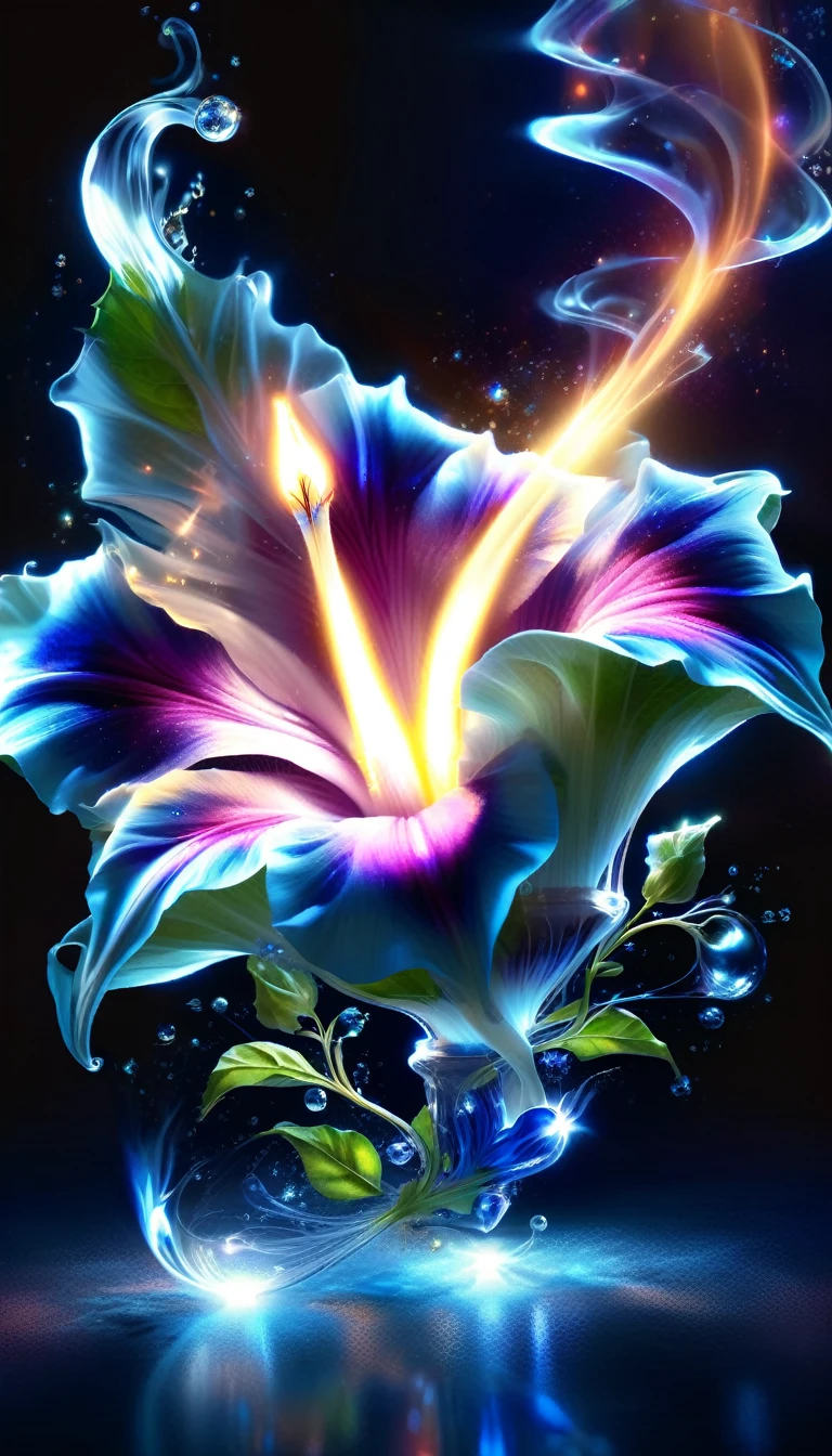Made by AIS-RCN, 8K Photo, "words, Glass coated, Shiny Blue Flame Morning Glory, It jumps out of the light, Transform your thoughts into delicate works of art.", Supple, Side light,