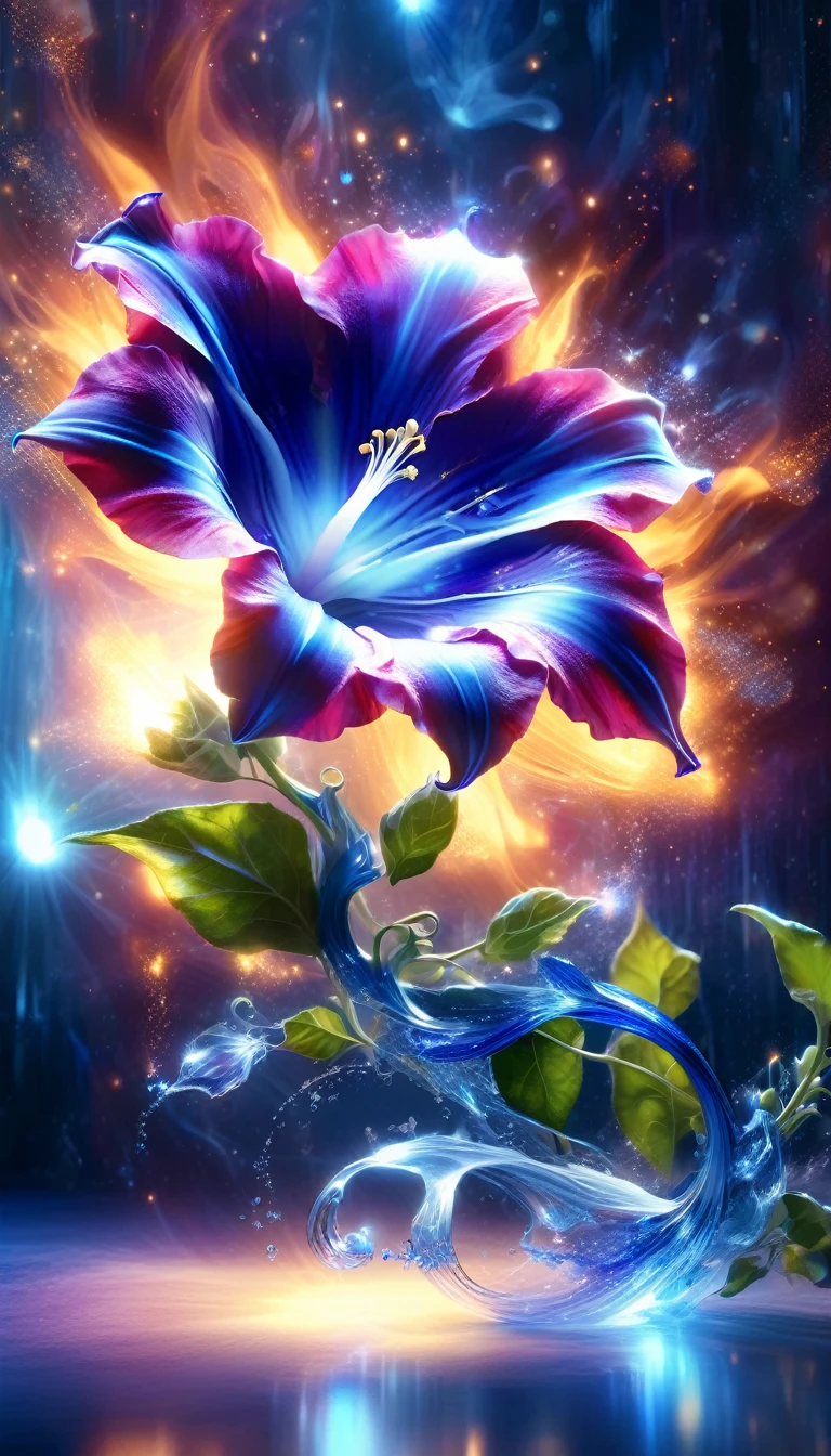 Made by AIS-RCN, 8K Photo, "words, Glass coated, Shiny Blue Flame Morning Glory, It jumps out of the light, Transform your thoughts into delicate works of art.", Supple, Side light,
