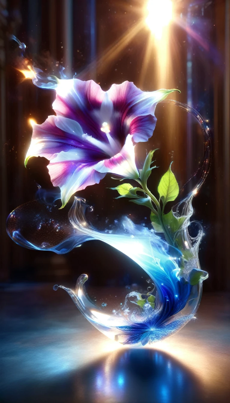 Made by AIS-RCN, 8K Photo, "words, Glass coated, Shiny Blue Flame Morning Glory, It jumps out of the light, Transform your thoughts into delicate works of art.", Supple, Side light,