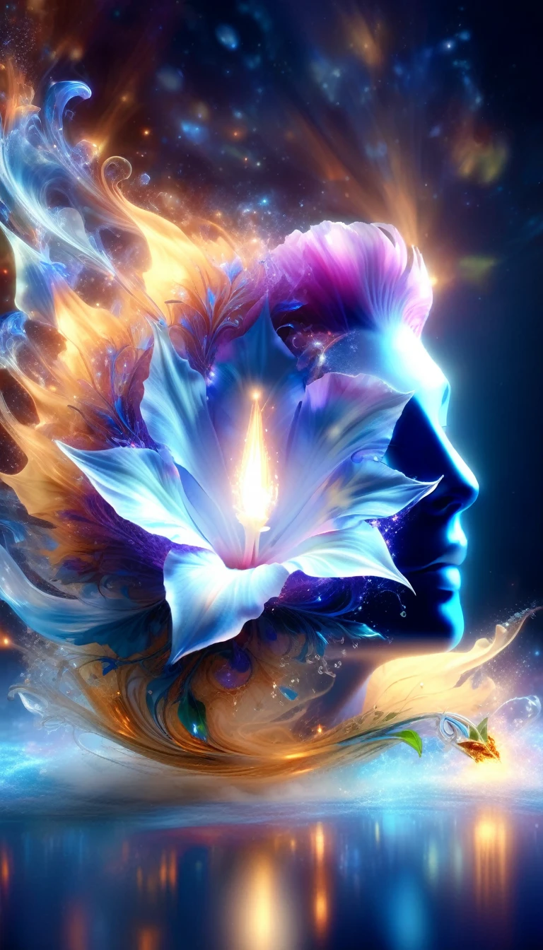 Made by AIS-RCN, 8K Photo, "words, Glass coated, Shiny Blue Flame Morning Glory, It jumps out of the light, Transform your thoughts into delicate works of art.", Supple, Side light,