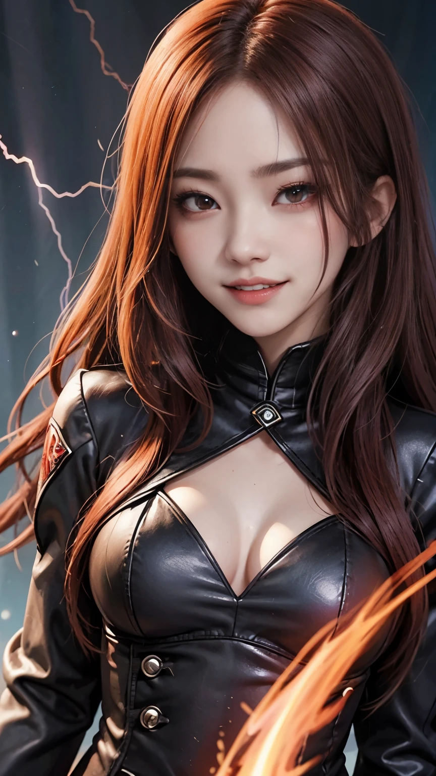 1girl, flying hair, red eyes, fire witch, blood on face, light particles, lightning rays, wallpaper, colorful, high contrast, vampire, smirk, evil smile, psychopathic smirk, psychopathic smile, tilted head