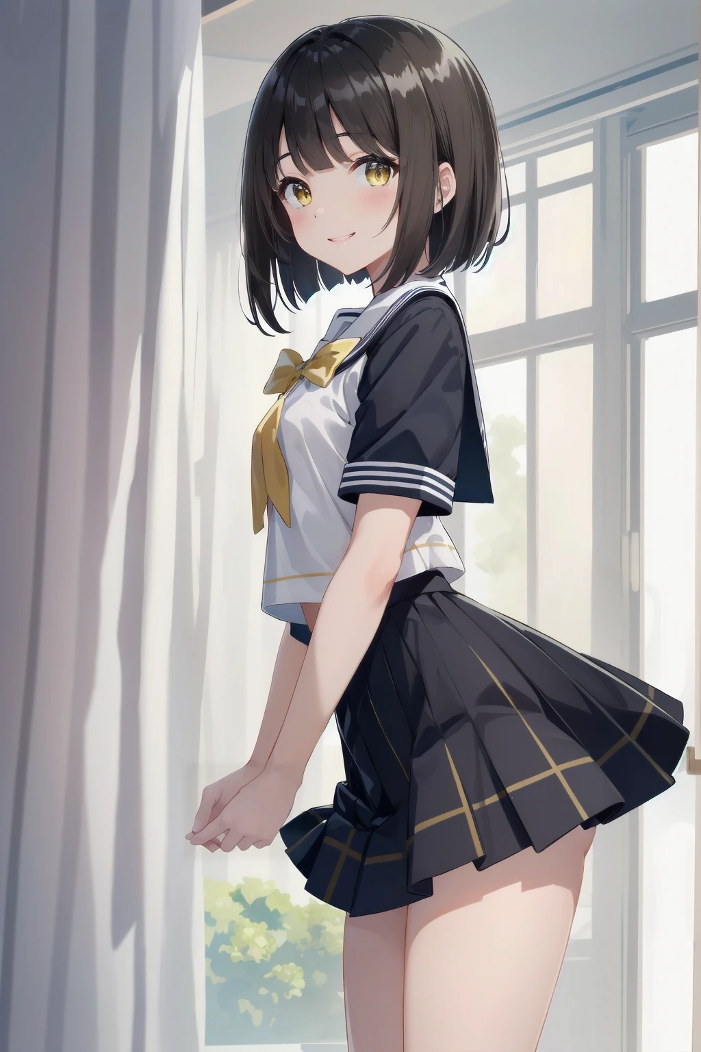 One Woman、(( Uniform))、Checked Skirt、Highest quality、Very delicate and beautiful、((Very short bangs))、((Bangs))、Light-colored hair、Brown Hair、Short Bob、Cute face、Cute like an idol、Yellow Eyes、Are thin、Slim figure、Short、 body type、Small Breasts,Bright room、smile、Shooting from the side、