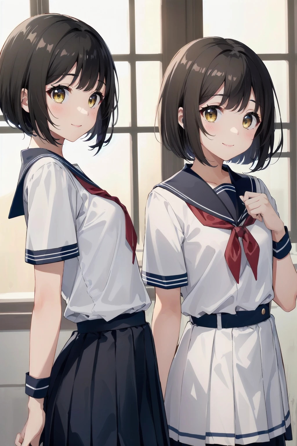 One Woman、((Junior High School Uniform))、Checked Skirt、Highest quality、Very delicate and beautiful、((Very short bangs))、((Bangs))、Light-colored hair、Brown Hair、Short Bob、Cute face、Cute like an idol、Yellow Eyes、Are thin、Slim figure、Short、 body type、Small Breasts,Bright room、smile、Shooting from the side、
