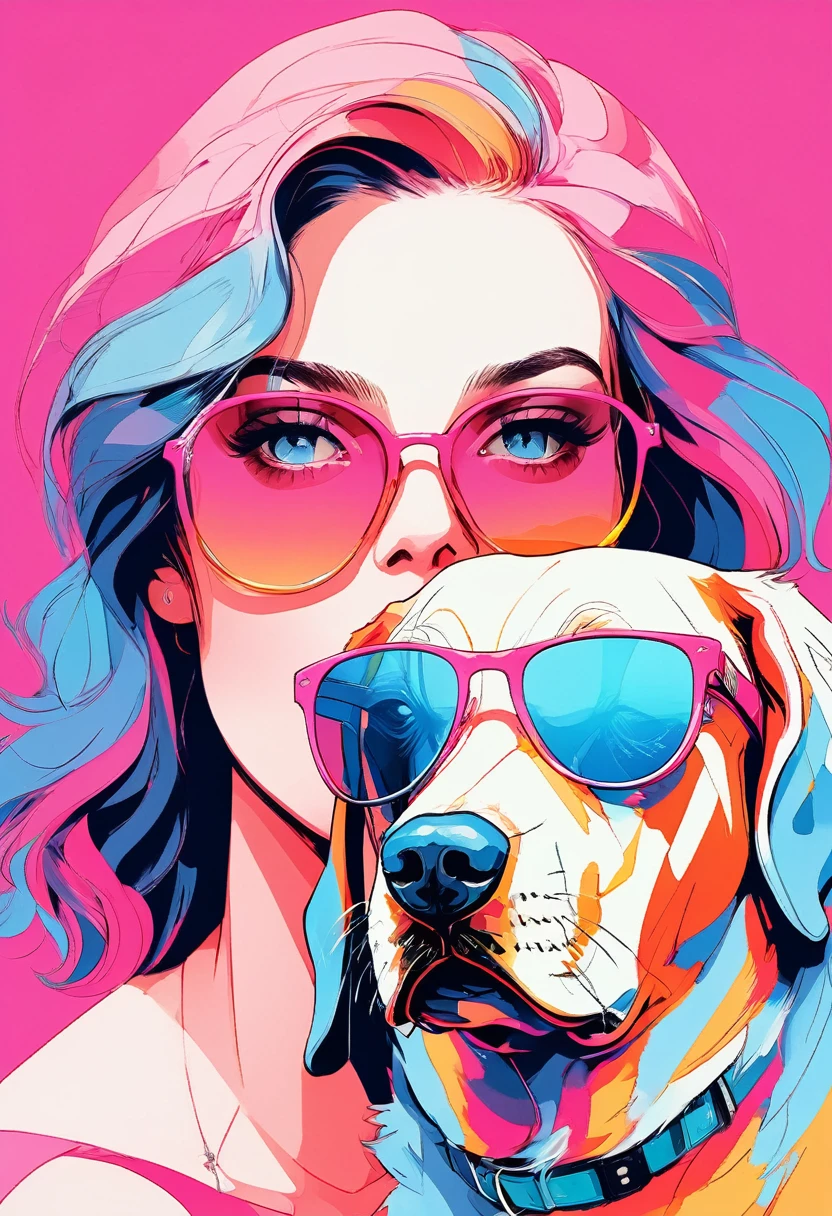 (Highest quality:0.8), (Highest quality:0.8), Perfect illustration,Portrait of a beautiful woman and her dog(Highest quality:1.2, City Pop Style, Very detailed, up to date, Vibrant, High Contrast, masterpiece:1.2, Highest quality, Best aesthetics), girl, ((Face Up Shot:1.4)), Colorful Hair, Bobcut, pastel colour, 1980s style, ((Retro, Vintage, Solid color background)), (sunglasses).