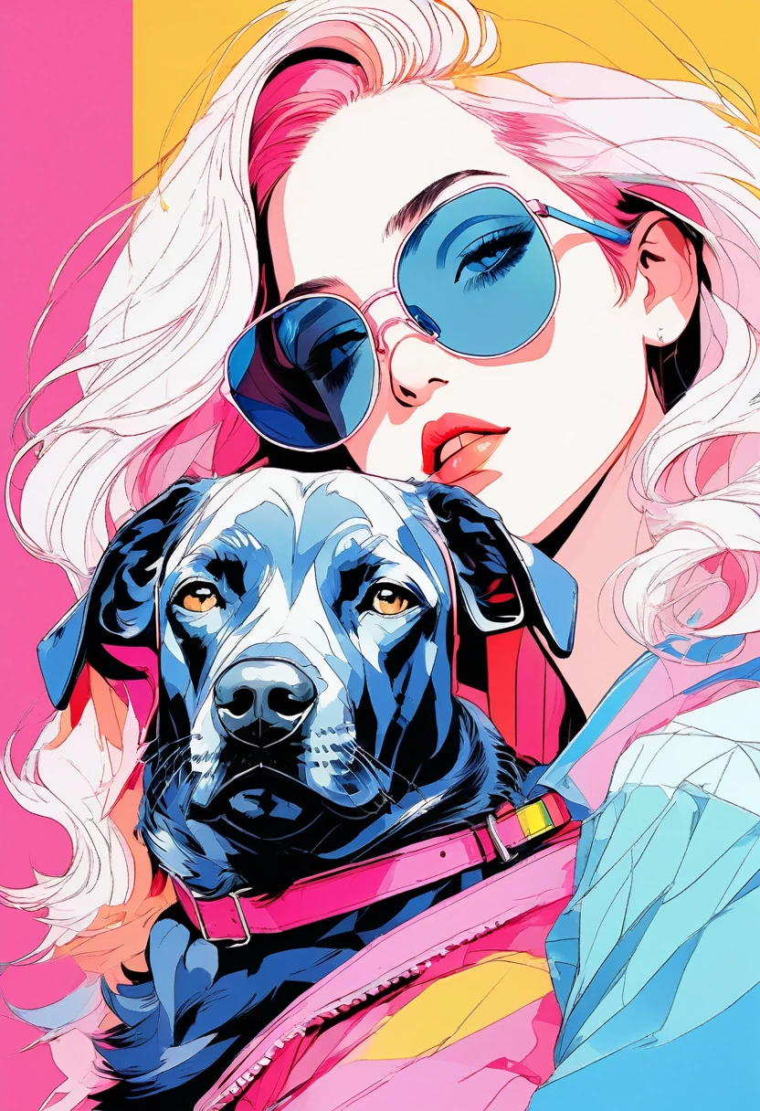 (Highest quality:0.8), (Highest quality:0.8), Perfect illustration,Portrait of a beautiful woman and her dog(Highest quality:1.2, City Pop Style, Very detailed, up to date, Vibrant, High Contrast, masterpiece:1.2, Highest quality, Best aesthetics), girl, ((Face Up Shot:1.4)), Colorful Hair, Bobcut, pastel colour, 1980s style, ((Retro, Vintage, Solid color background)), (sunglasses).