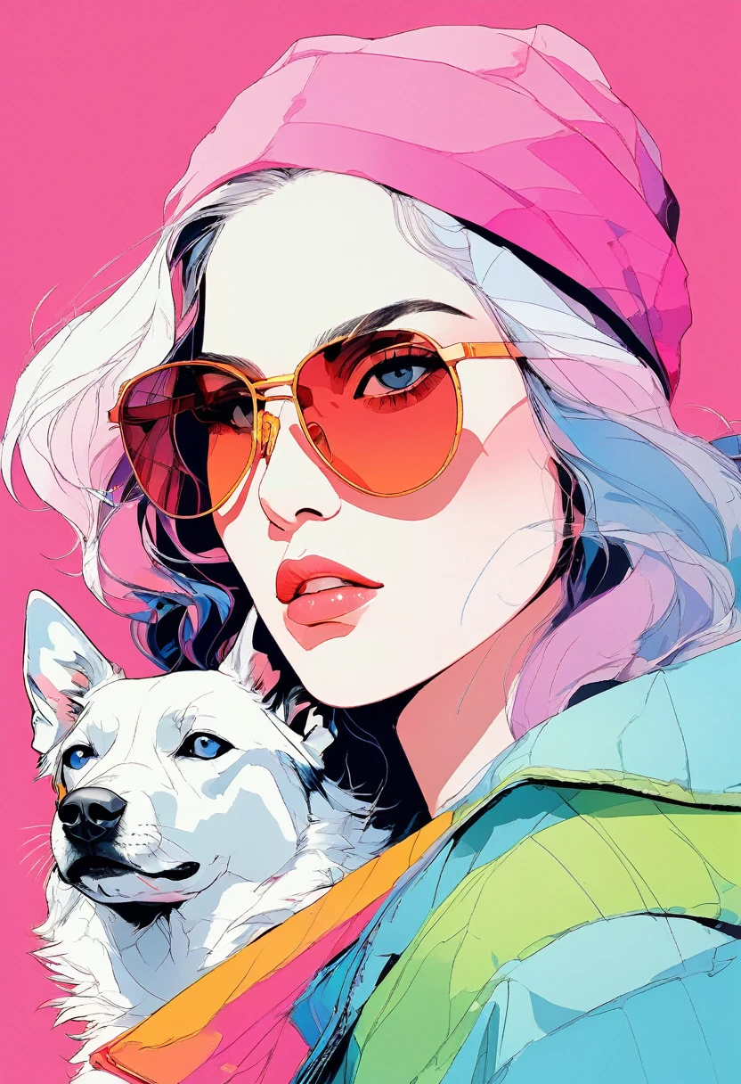 (Highest quality:0.8), (Highest quality:0.8), Perfect illustration,Portrait of a beautiful woman and her dog(Highest quality:1.2, City Pop Style, Very detailed, up to date, Vibrant, High Contrast, masterpiece:1.2, Highest quality, Best aesthetics), girl, ((Face Up Shot:1.4)), Colorful Hair, Bobcut, pastel colour, 1980s style, ((Retro, Vintage, Solid color background)), (sunglasses).