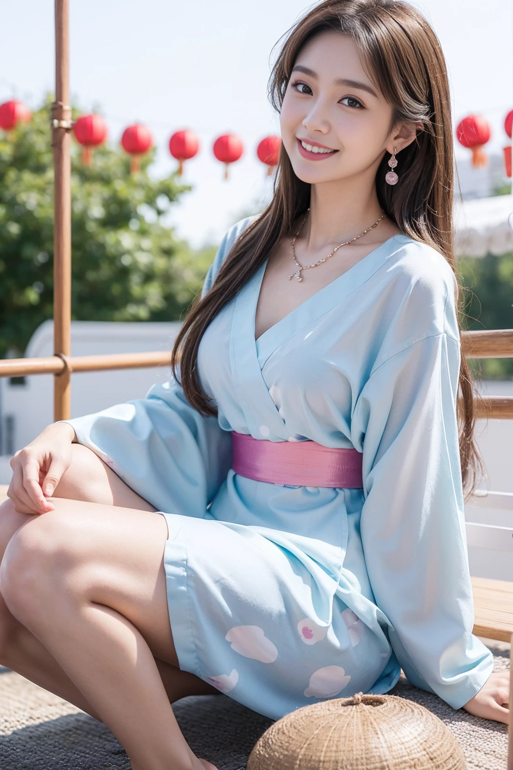 Highest quality,8K, Detailed facial depiction, Detailed description of the eyes,One Woman, Light brown hair(Medium-long hair),Beautiful Japanese Girl,24-years-old,Cute eyes,Cute Smile,Yukata beauty,A yukata with large polka dots on a white background,Slender body, Large, plump breast size, Long and beautiful legs,Smiling, Colorful earrings,necklace,Are standing,Beautiful nape,Summer festival,There are food stalls