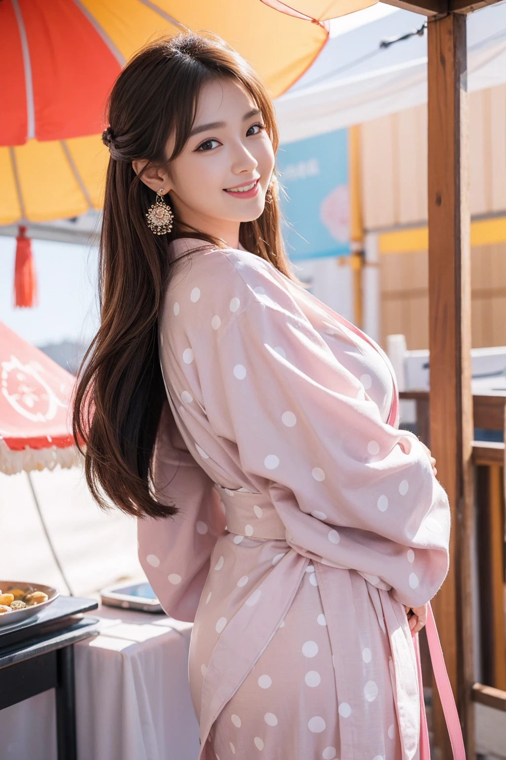 Highest quality,8K, Detailed facial depiction, Detailed description of the eyes,One Woman, Light brown hair(Medium-long hair),Beautiful Japanese Girl,24-years-old,Cute eyes,Cute Smile,Yukata beauty,A yukata with large polka dots on a white background,Slender body, Large, plump breast size, Long and beautiful legs,Smiling, Colorful earrings,necklace,Are standing,Beautiful nape,Summer festival,There are food stalls