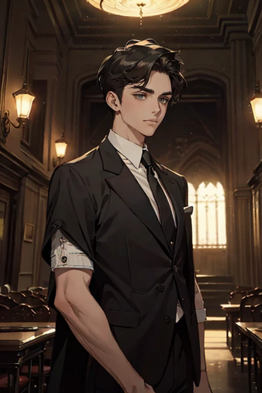 ((One young man with a black suit and tie)), alejandro, (((one side swept dark short neat hair))), ( green eyes and thick eyebrows), ((20 years old)), ((masterpiece)), ((cinematic lighting)), relax look and smirk, waiting for someone
