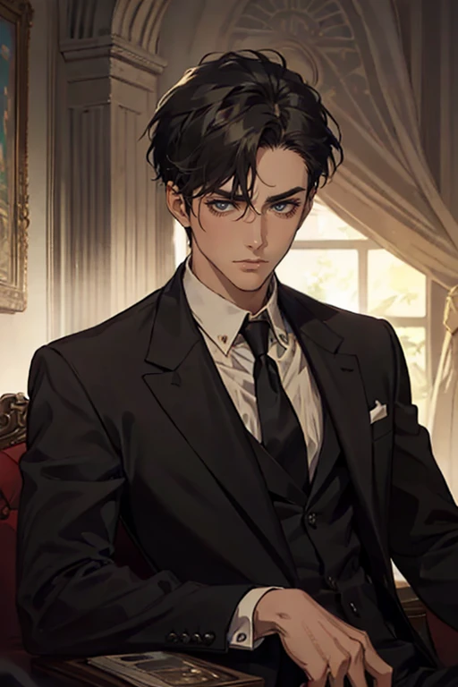 ((One young man with a black suit and tie)), alejandro, (((one side swept dark short neat hair))), ( green eyes and thick eyebrows), ((20 years old)), ((masterpiece)), ((cinematic lighting)), relax look and smirk, waiting for someone