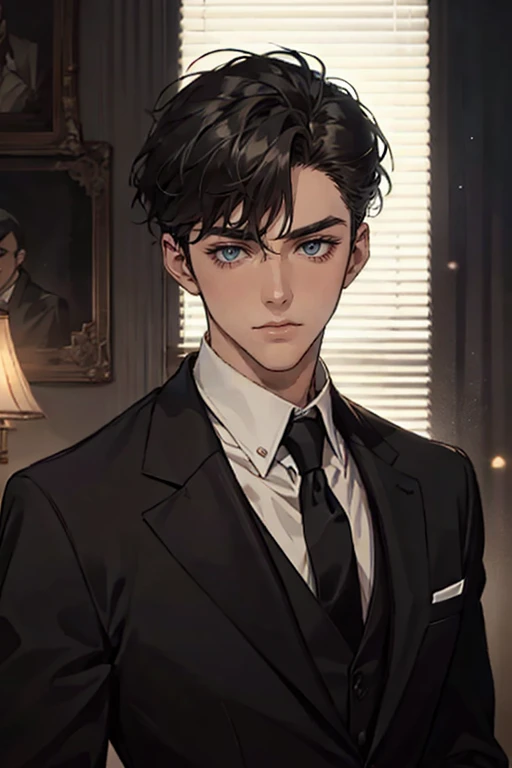 ((One young man with a black suit and tie)), alejandro, (((one side swept dark short neat hair))), ( green eyes and thick eyebrows), ((20 years old)), ((masterpiece)), ((cinematic lighting)), relax look and smirk, waiting for someone