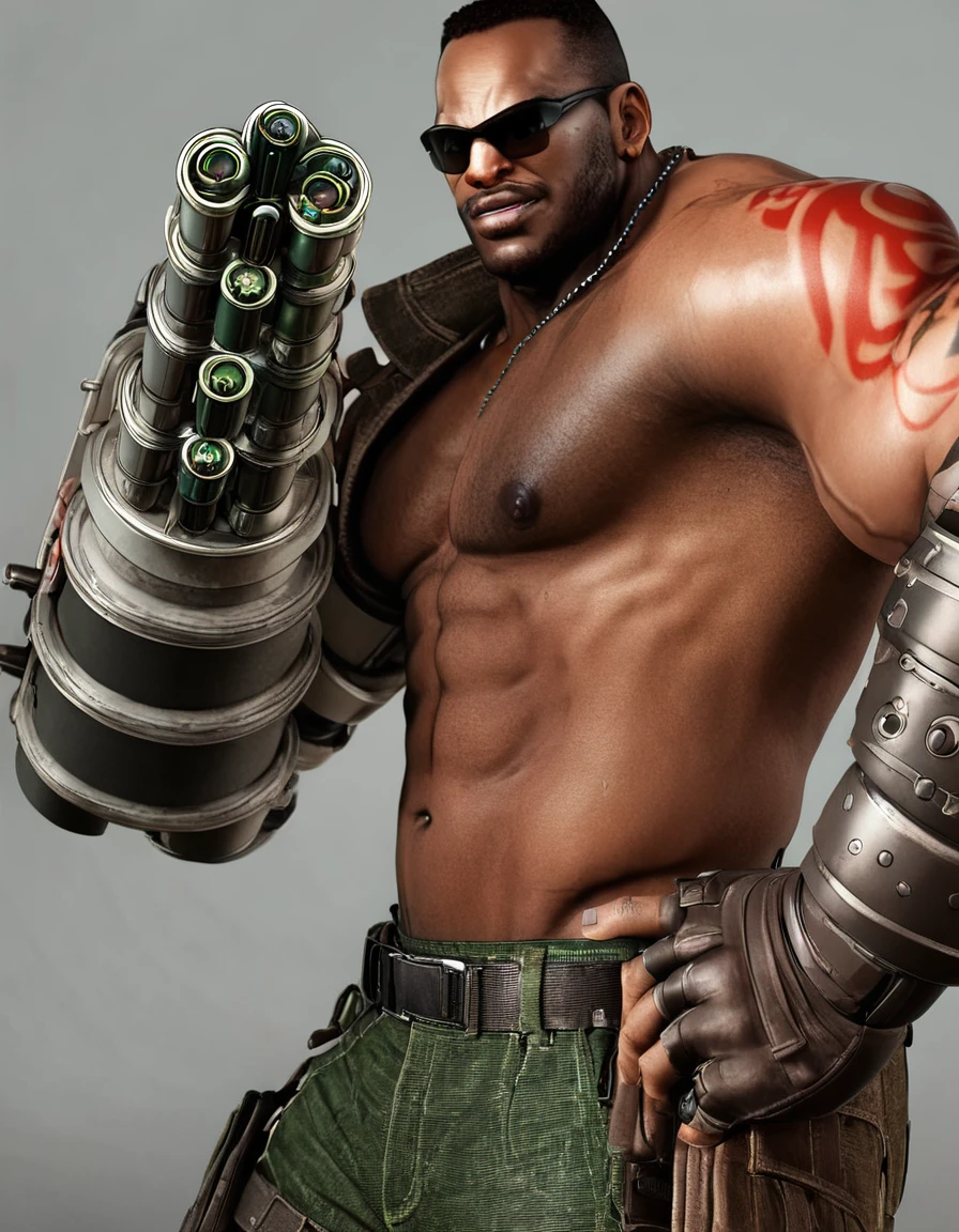 barret, dark skin male with gun arm and tattoo, sunglasses, shirtless , (( micro-Thongs )) ,