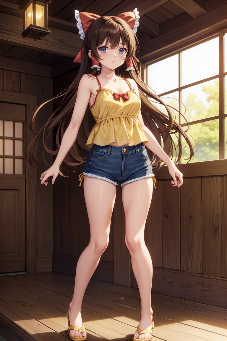 Reimu Hakurei, (Brown eyes:1.5), Brown Hair, bow, hair bow, Hair Tube, Long Hair, red bow, Side Lock,Western-style room, (((Slender body、Yellow Camisole BREAK Denim Shorts)))、Backwards、look back、
BREAK Watch Viewers,blush、Sad-looking face、
Full Body Shot,Smile Break (masterpiece:1.2), Highest quality, High resolution, unity 8k wallpaper, (figure:0.8), (Beautiful attention to detail), Highly detailed face, Perfect lighting, Highly detailed CG, (Perfect hands, Perfect Anatomy),Dynamic pose,