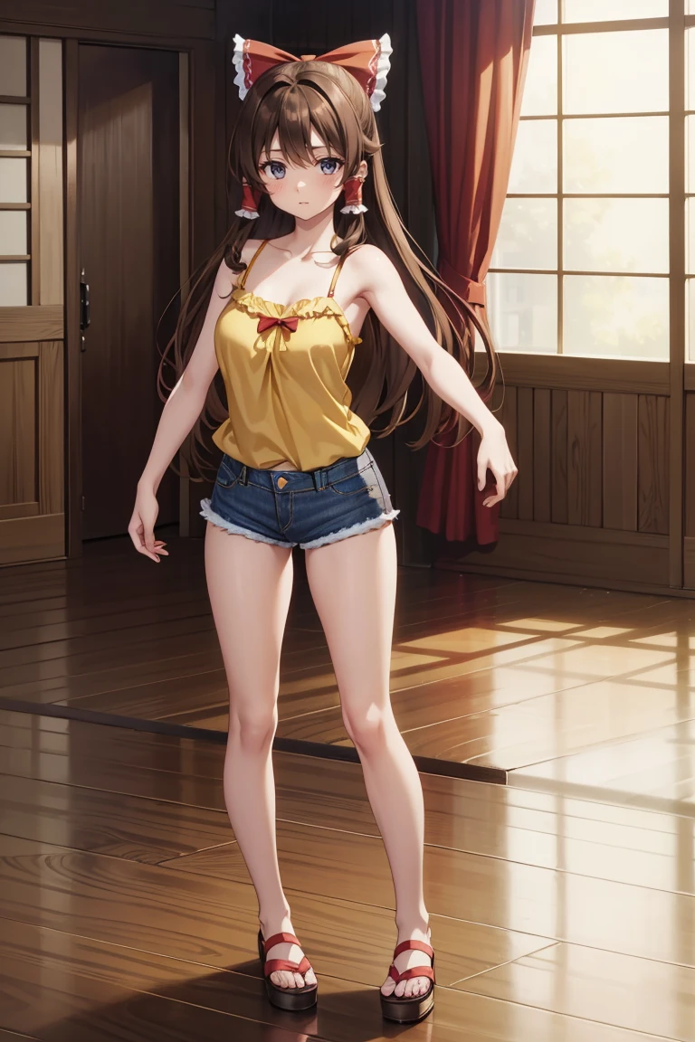Reimu Hakurei, (Brown eyes:1.5), Brown Hair, bow, hair bow, Hair Tube, Long Hair, red bow, Side Lock,Western-style room, (((Slender body、Yellow Camisole BREAK Denim Shorts)))、Backwards、look back、
BREAK Watch Viewers,blush、Sad-looking face、
Full Body Shot,Smile Break (masterpiece:1.2), Highest quality, High resolution, unity 8k wallpaper, (figure:0.8), (Beautiful attention to detail), Highly detailed face, Perfect lighting, Highly detailed CG, (Perfect hands, Perfect Anatomy),Dynamic pose,