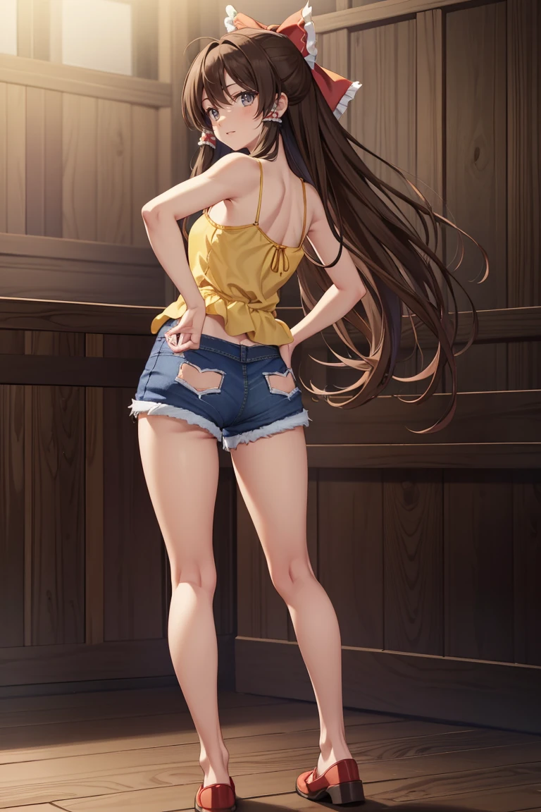 Reimu Hakurei, (Brown eyes:1.5), Brown Hair, bow, hair bow, Hair Tube, Long Hair, red bow, Side Lock,Western-style room, (((Slender body、Yellow Camisole BREAK Denim Shorts)))、Backwards、look back、
BREAK Watch Viewers,blush、Sad-looking face、
Full Body Shot,Smile Break (masterpiece:1.2), Highest quality, High resolution, unity 8k wallpaper, (figure:0.8), (Beautiful attention to detail), Highly detailed face, Perfect lighting, Highly detailed CG, (Perfect hands, Perfect Anatomy),Dynamic pose,